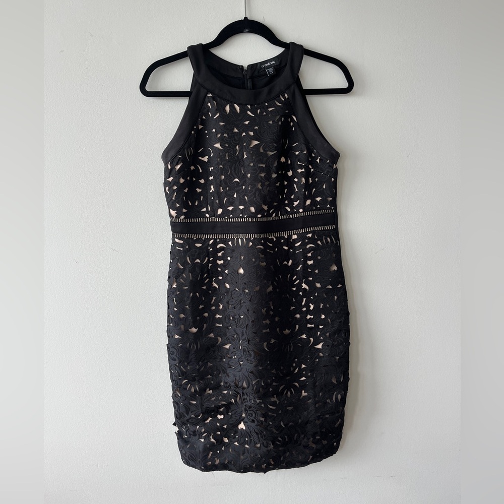 Le Chateau Laser Cut Black mini dress with tan underlay, size small